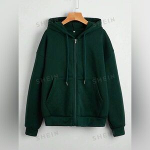 SHEIN EZwear Solid Zip Up Drawstring Drop Shoulder Thermal Lined Hoodie